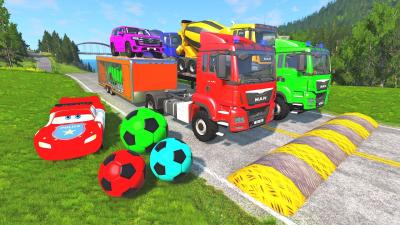 TRANSPORTING PIXAR CARS  FRUITS WITH COLORED  JOHN DEERE vs CLAAS vs TRACTORS  BeamNG.drive