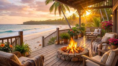 Tropical Sunset Beach Porch Calm Ocean Waves  Campfire Sounds for Sleep  Relaxation