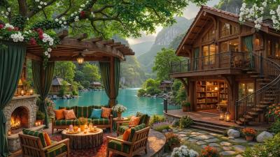 Early Summer Jazz Melody for Work  Lakeside Porch Ambience with Warmth Fireplace Crackles