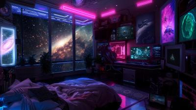  Neon SciFi Bedroom Journey Through the Galaxy  Chill Ambient Space Music  4K