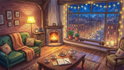 quiet city night in the 1950s with rain and oldies playing in another room cozy fireplace ambience