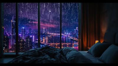 Rain Sounds for Sleep  Cozy Bedroom Night with Tropical City Light Vibes 