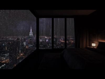 Rain Sounds for Sleep in New York Apartment with Cozy Night City Atmosphere