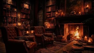 Warm Rustic Library Fireplace Ambience with Gentle Fire Sounds for Calm Focus