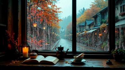 Cozy Autumn Café Ambience  Gentle Rain Sounds for Focus  Relaxation