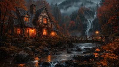 Gothic Cottage by Waterfall in the Hazy Autumn Forest  Dark Academia Ambience for Relax Study