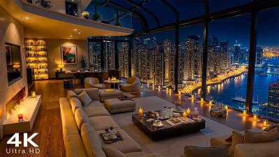 Luxury Apartment Ambience with Smooth Jazz Piano Music  4K Urban Skyline Serenity for Study  Focus