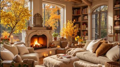 Peaceful Autumn Morning at Living Room Ambience Soft Piano Music  Fireside Warmth for Relax Work